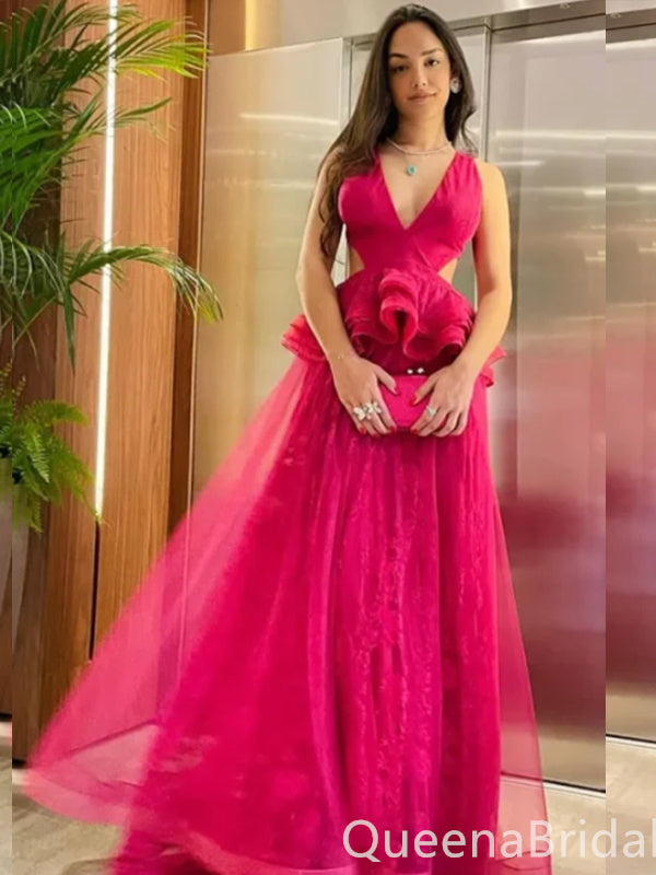 Hot Pink Plunging Fluffy A-line Evening Gown Maxi Long Evening Party Prom Dresses ,WGP1162