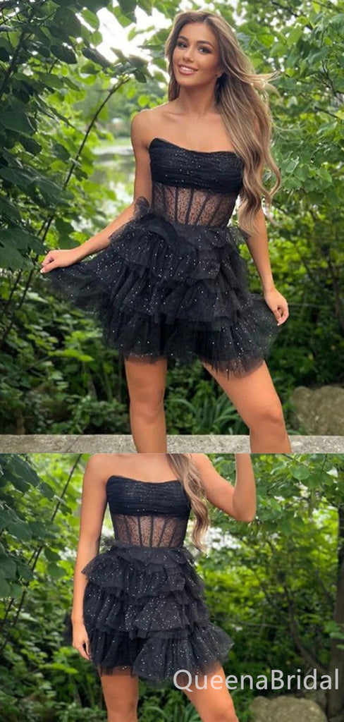 Sexy A-line Strapless Lace Tiered Short Homecoming Dresses, QB0597