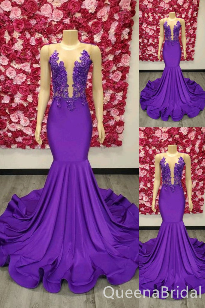 Purple Illusion Lace Appliques Mermaid Evening Gown Maxi Long Evening Party Prom Dresses ,WGP1136