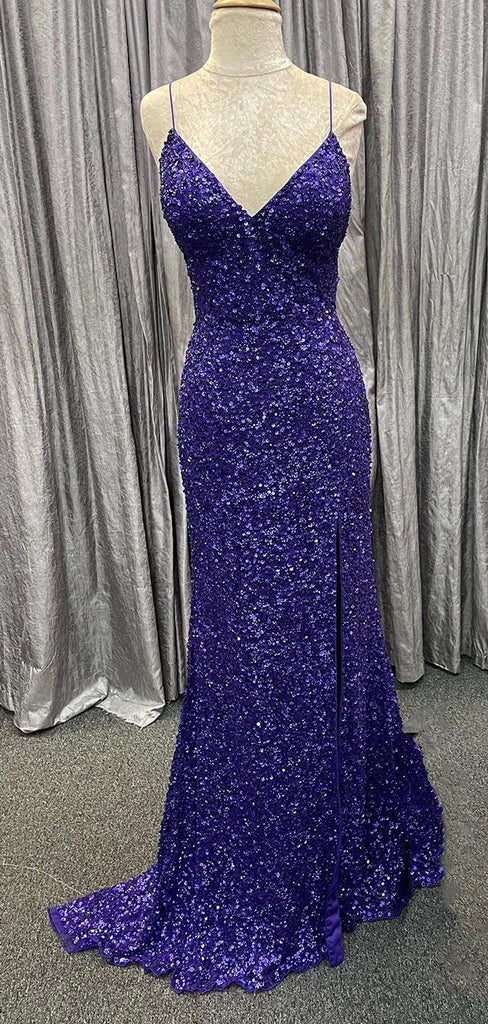 Sparkly Purple Spaghetti Strap Mermaid Sequin Lace Up Back Side Slit Long Prom Dresses,WGP442