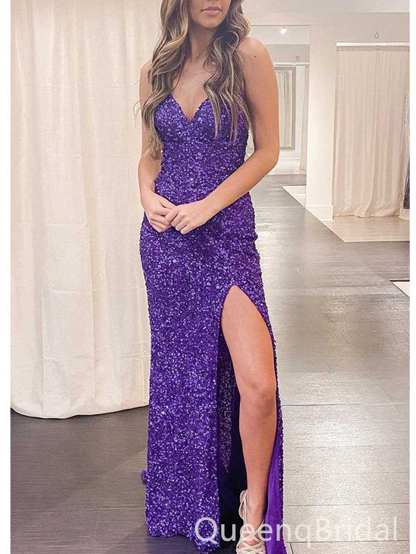 Sparkly Purple Spaghetti Strap Mermaid Sequin Lace Up Back Side Slit Long Prom Dresses,WGP442