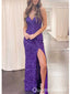 Sparkly Purple Spaghetti Strap Mermaid Sequin Lace Up Back Side Slit Long Prom Dresses,WGP442