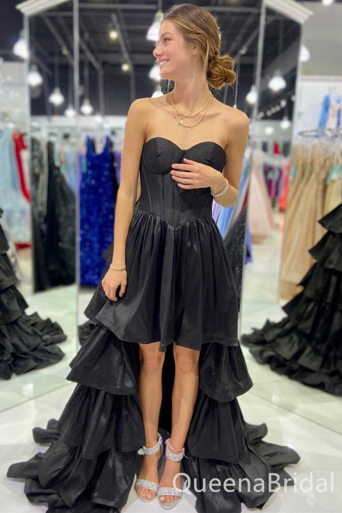 Black High Low Strapless A-line Layer Evening Gown Long Evening Party Prom Dresses ,WGP1247