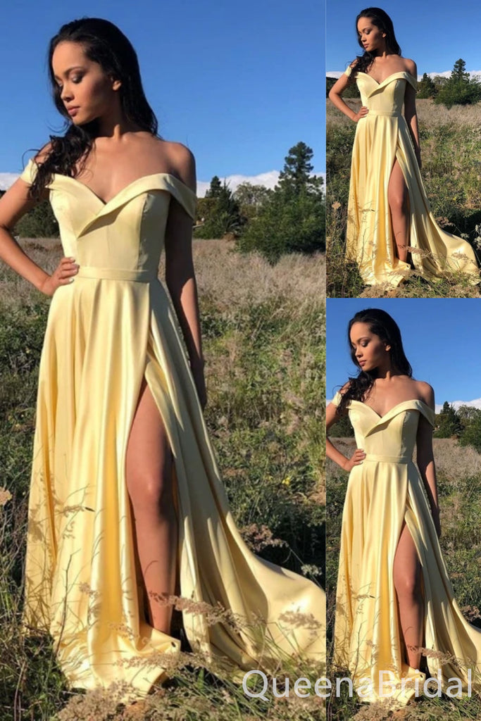 Light Yellow Off-the-shoulder Sweetheart  Evening Gown Maxi Long Evening Party Prom Dresses with Side Slit,WGP1137