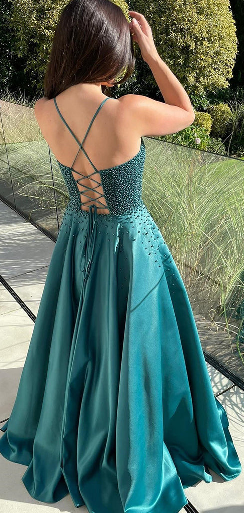 Elegant Green Spaghetti Strap A-Line Lace Up Back Long Prom Dresses,WGP443