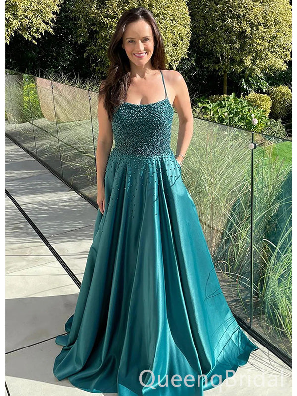 Elegant Green Spaghetti Strap A-Line Lace Up Back Long Prom Dresses,WGP443