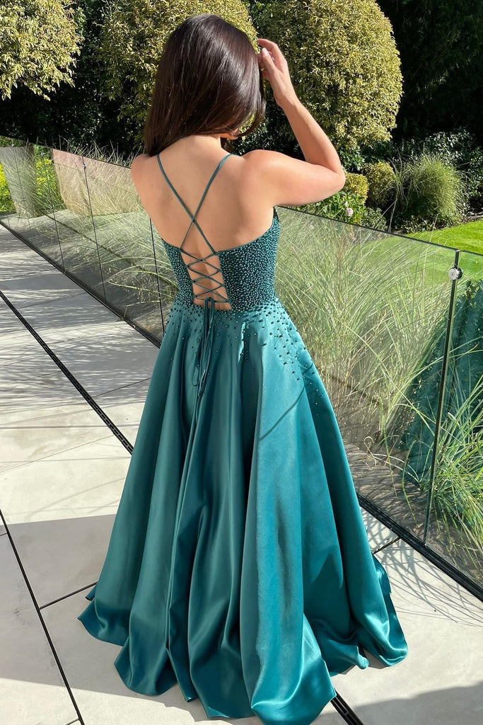 Elegant Green Spaghetti Strap A-Line Lace Up Back Long Prom Dresses,WGP443