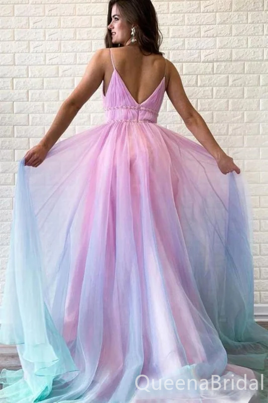 Colorful Spaghetti Straps Plunging A-line Evening Gown Maxi Long Evening Party Prom Dresses,WGP1138