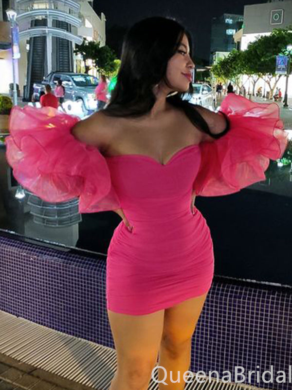 Hot Pink Off-the-shoulder Sweetheart Mermaid Graduation Party Short Homecoming Dresses,QB0754