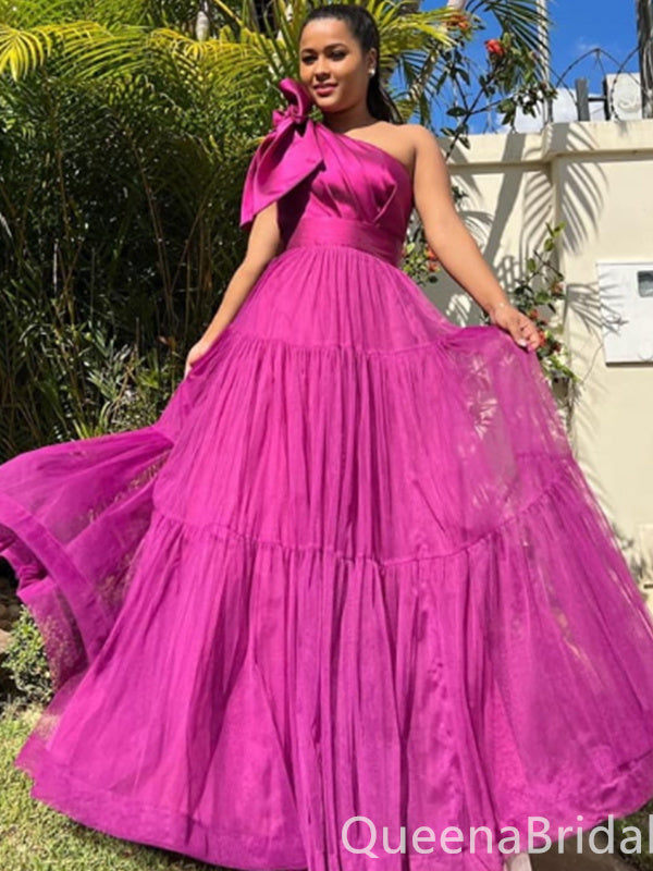 Hot Pink Halter One Shoulder Bow A-line Evening Gown Maxi Long Evening Party Prom Dresses ,WGP1166