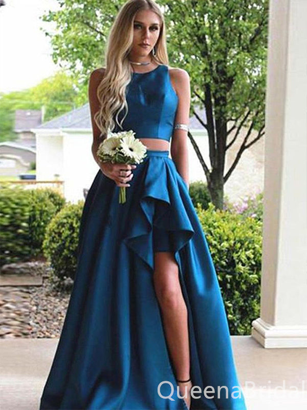 Elegant Two Pieces Scoop A-line Side High Low Evening Gown Maxi Long Formal Dresses Prom Dresses with Ruffles,WGP938