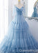 Blue Lace Up Back V Neck Layer Spaghetti Straps A-line Ball Gown Evening Gown Maxi Long Evening Party Prom Dresses ,WGP1215