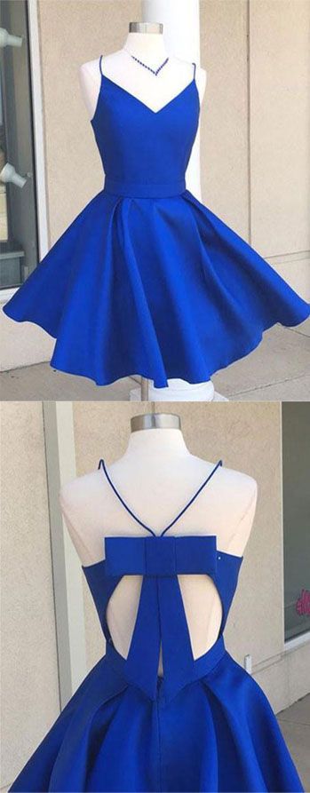 Royal Blue V-neck Spaghetti Straps Graduation Party Short Homecoming Dresses with Bow Knot,QB0756