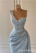 Light Blue One Shoulder Mermaid Evening Gown Maxi Long Evening Party Prom Dresses with Slit,WGP1141