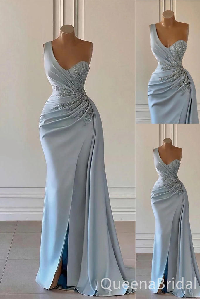 Light Blue One Shoulder Mermaid Evening Gown Maxi Long Evening Party Prom Dresses with Slit,WGP1141