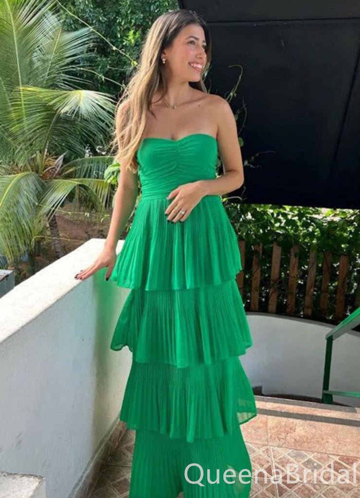 Green Strapless A-line Layer Evening Gown Maxi Long Evening Party Prom Dresses ,WGP1217