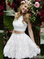 Two Pieces White Beaded Lace Appliques A-line Graduation Party Short Homecoming Dresses with Bow Knot,QB0757