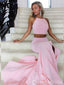 Light Pink Two Pieces Halter A-line Evening Gown Maxi Long Evening Party Prom Dresses with Slit ,WGP1066