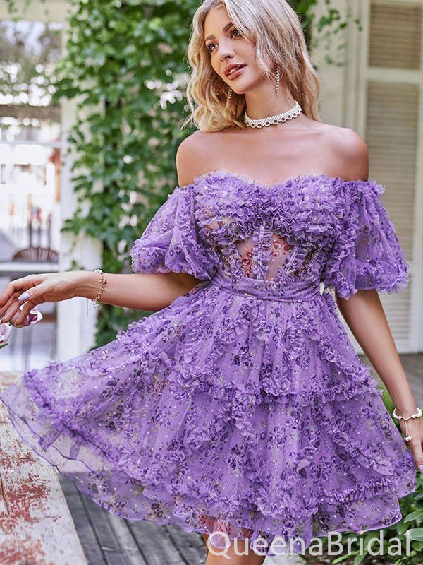 Sexy Floral Sweetheart Off Shoulder Purple Floral Short Homecoming Dresses, QB0590