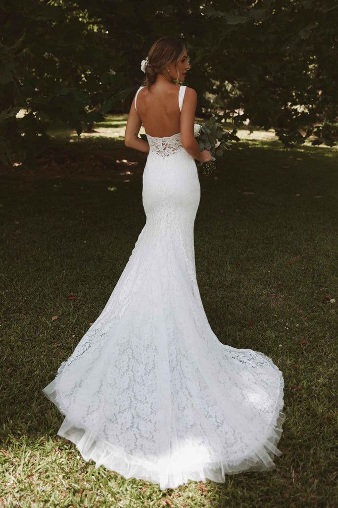 Elegant White Spaghetti Straps V Neck Lace Appliques Mermaid Long Wedding Dresses,WGP206