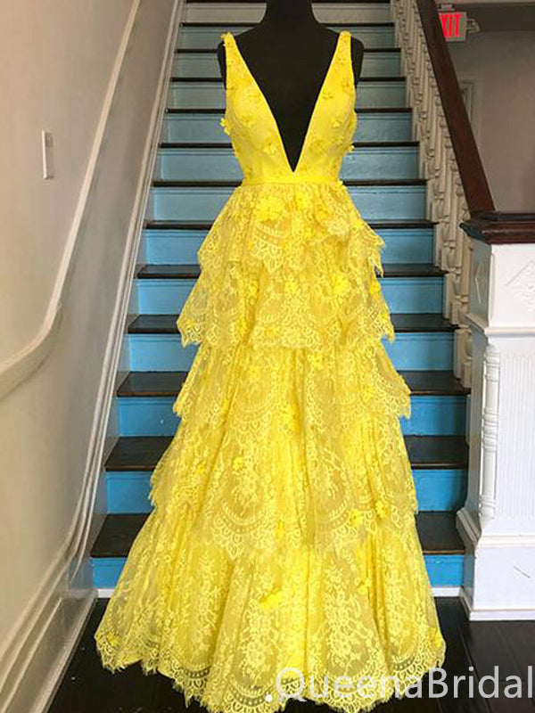 Yellow A-line Deep V-neck Lace Appliques Evening Gown Maxi Long Formal Dresses Prom Dresses,WGP984