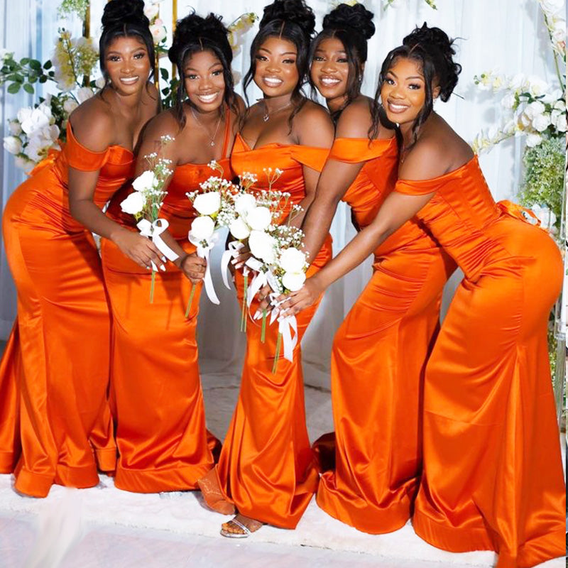 Elegant Orange Elastic Satin Simple Cheap Mermaid Long Bridesmaid Dresses, BDS0222