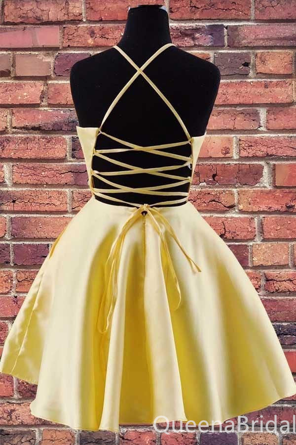 Sexy Yellow A-line Halter Flower Appliques Graduation Party Lace Up Back Homecoming Dresses with Ruffles,QB0670