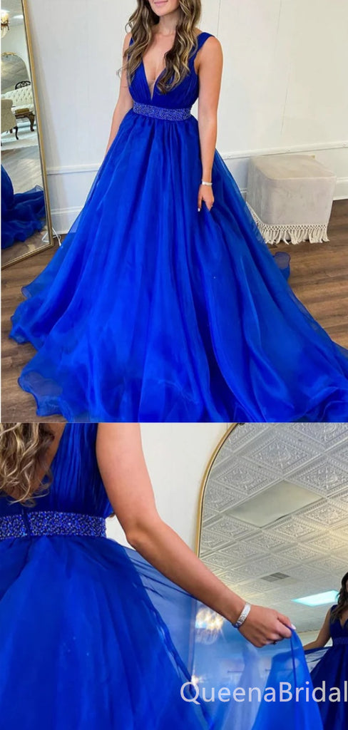 Charming Blue Plunging Beading A-line Evening Gown Long Prom Dresses  ,WGP692