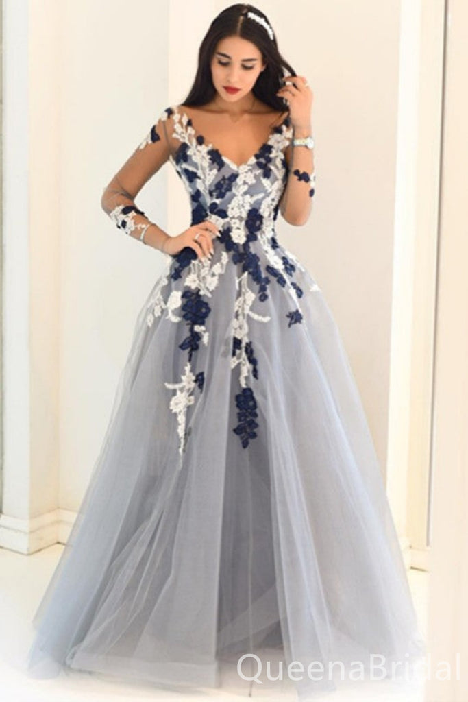 Blue Lace Appliques V Neck Long Sleeves Evening Gown Maxi Long Evening Party Prom Dresses,WGP1225