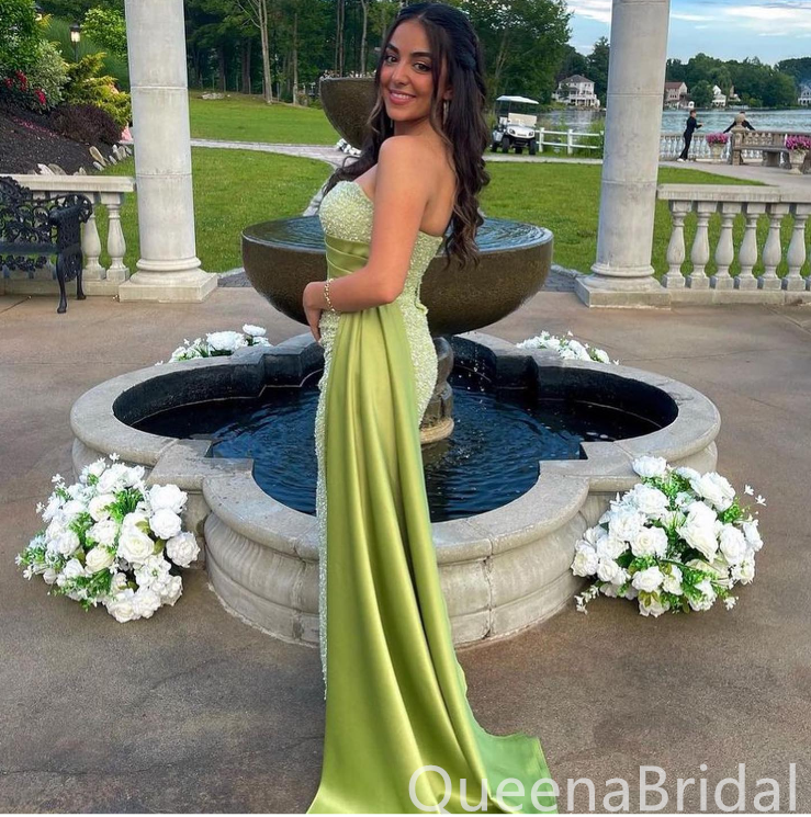 Sparkle Green Strapless Mermaid Evening Gown Maxi Long Evening Party Prom Dresses with Slit,WGP1142