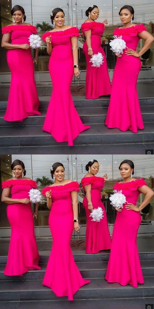 Hot Pink Off Shoulder Mermaid Ruched Garden Long Charming Bridesmaid Dresses , BDS0155