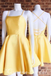 Yellow Spaghetti Straps Lace Up Back A-line Graduation Party Short Homecoming Dresses, QB0784