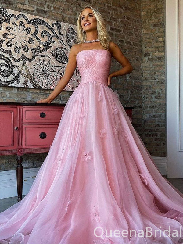 Elegant Pink A-line Straight Neck Evening Gown Maxi Long Formal Dresses Prom Dresses with Tulle,WGP941