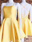 Yellow Spaghetti Straps Lace Up Back A-line Graduation Party Short Homecoming Dresses, QB0784