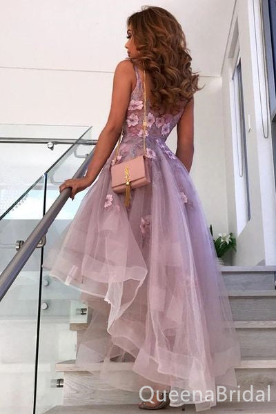 Elegant Purple Tulle A-line High Low Floral Short Homecoming Dresses, QB0599