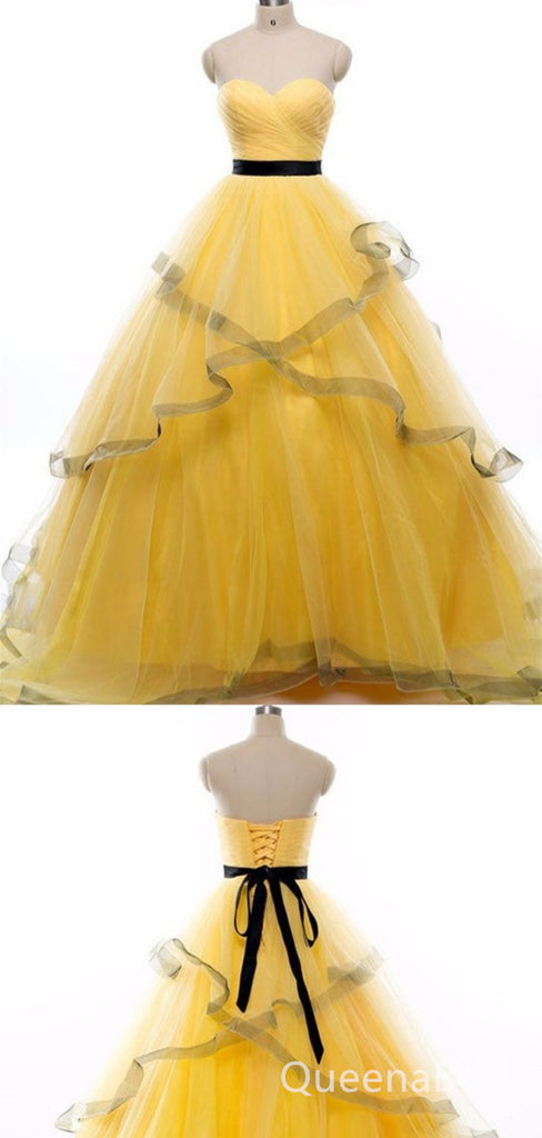 Yellow Layer Fluffy Sweetheart Sheer Corset Lace up Back A-line Evening Gown Maxi Long Evening Party Prom Dresses ,WGP1004