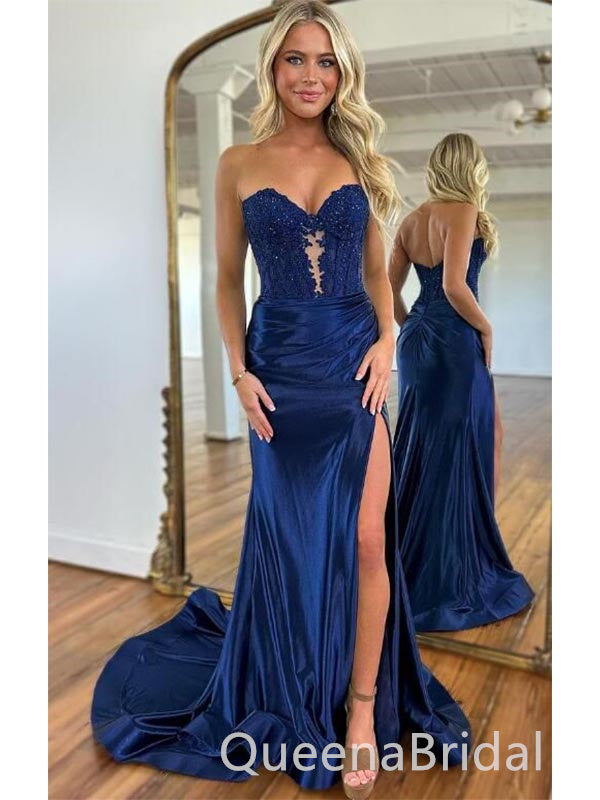 Blue Sexy Side Slit Sweetheart Mermaid Strapless Maxi Long Prom Dresses,WGP546