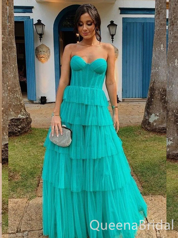 Green Strapless Sweetheart A-line Evening Gown Long Evening Party Prom Dresses ,WGP1252