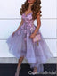 Elegant Purple Tulle A-line High Low Floral Short Homecoming Dresses, QB0599