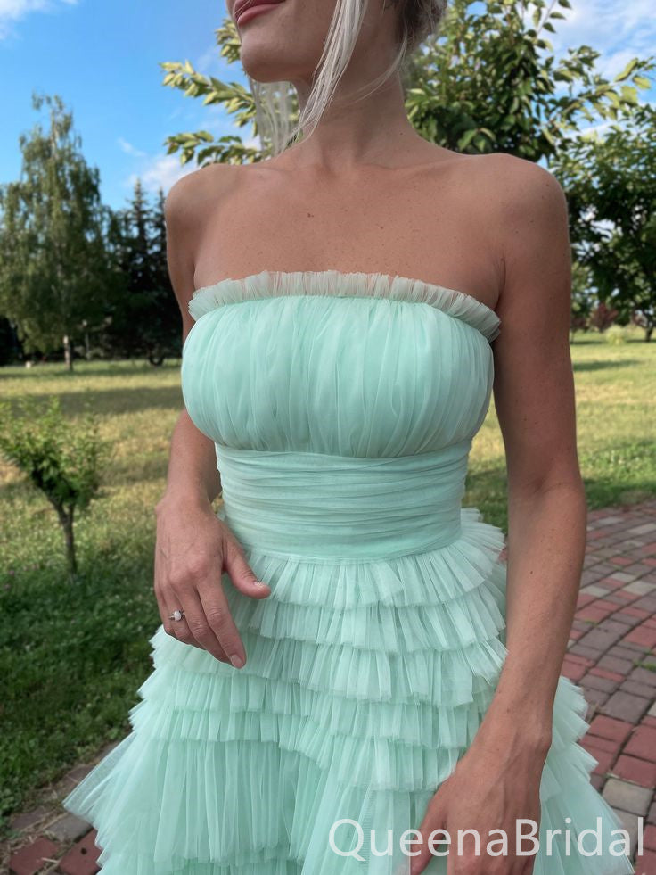 Mint Green Strapless Layer Fluffy Lace Up Back Evening Gown Maxi Long Formal Dresses Prom Dresses with Ruffles,WGP979