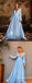 Light Blue A-line Long Sleeves Plunging Evening Gown Maxi Long Evening Party Prom Dresses ,WGP1144