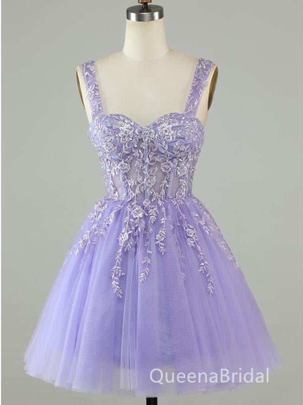 Sexy Sweetheart Purple Spaghetti Straps Appliques A-line Short Homecoming Dresses , QB0539