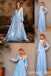 Light Blue A-line Long Sleeves Plunging Evening Gown Maxi Long Evening Party Prom Dresses ,WGP1144