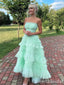 Mint Green Strapless Layer Fluffy Lace Up Back Evening Gown Maxi Long Formal Dresses Prom Dresses with Ruffles,WGP979