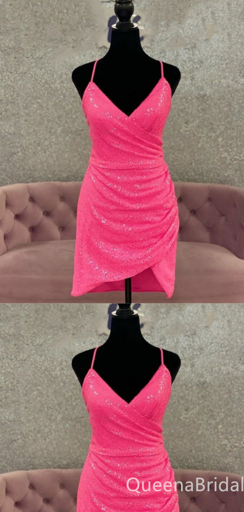 Sparkle Hot Pink Spaghetti Straps V-neck Mermaid Graduation Party Short Homecoming Dresses with Pleats ,QB0761