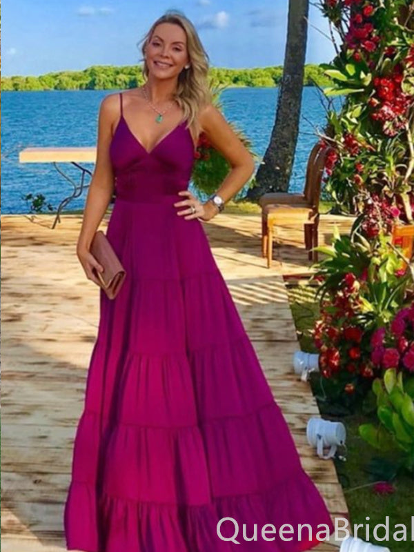 Spaghetti Straps V Neck Plunging Evening Gown Maxi Long Evening Party Prom Dresses with Side Slit ,WGP1173