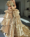 Stylish Gold Strapless A-line Tiered Party Dress Long Prom Dresses to Impress ,WGP1547