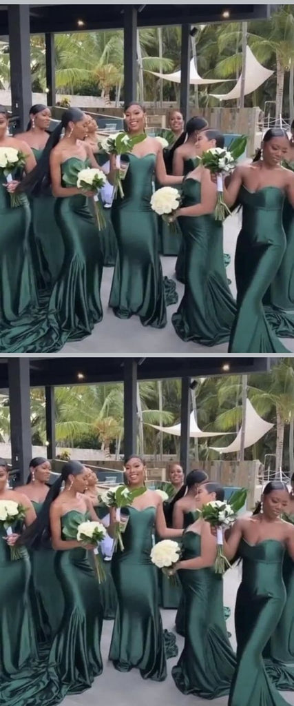 Emerald Green Strapless Sweetheart Mermaid Long Simple Bridesmaid Dresses , BDS0156