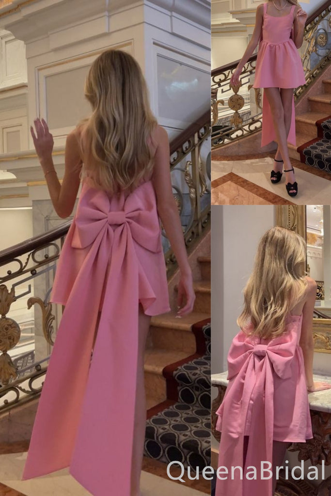 Stylish Pink Bow Knot A-line Graduation Party Short Homecoming Dresses , QB0811