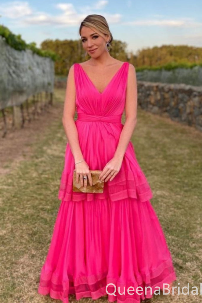 Hot Pink Plunging Evening Gown Maxi Long Evening Party Prom Dresses ,WGP1174